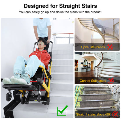 Electric stair-climbing wheelchair designed for straight stairs, ensuring safe and smooth navigation, not compatible with spiral, curved, or steep stairs exceeding a 50° slope.