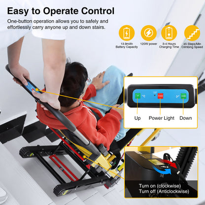 Electric stair-climbing wheelchair showcasing a simple one-button control panel, safe stair navigation, and a rechargeable battery system for effortless mobility and user comfort.