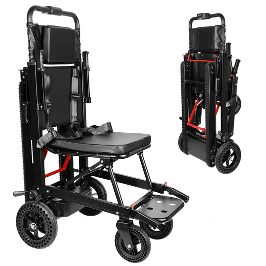 Riosoc Electric Stair Climbing Chair, foldable and portable design for easy storage. Ideal for seniors and disabled individuals, featuring a sturdy frame and durable wheels for easy mobility on stairs