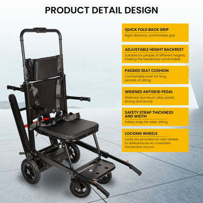 Riosoc YHR-LDO1 Electric Stair Climbing Chair with key design features including a quick fold back grip, adjustable height backrest, padded seat cushion, widened anti-skid pedal, safety straps, and locking wheels for added security and comfort.