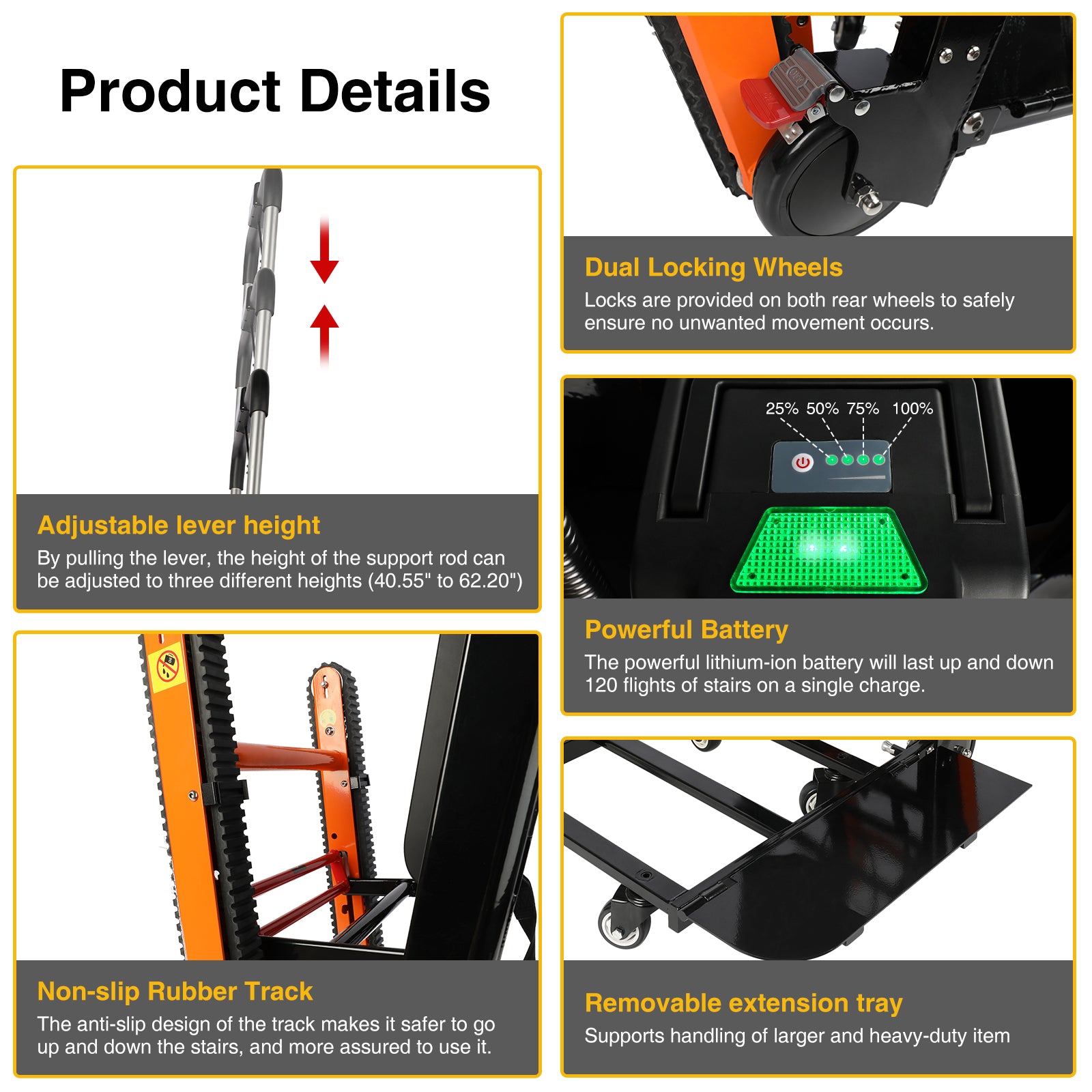 Product details of an electric hand truck: adjustable lever height (40.55"-62.20"), dual locking wheels, powerful lithium-ion battery for 120 stairs, non-slip rubber tracks for safety, and removable extension tray for heavy-duty items.