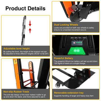 Product details of an electric hand truck: adjustable lever height (40.55"-62.20"), dual locking wheels, powerful lithium-ion battery for 120 stairs, non-slip rubber tracks for safety, and removable extension tray for heavy-duty items.