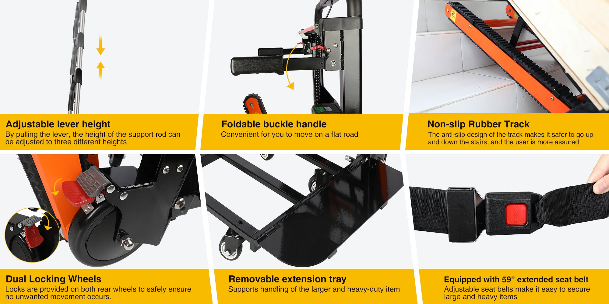 Electric hand truck features: adjustable lever height, foldable handle for flat surfaces, non-slip rubber track for stability, dual locking wheels, removable extension tray, and a 59" extended seat belt for securing large items. Designed for safety and efficiency.