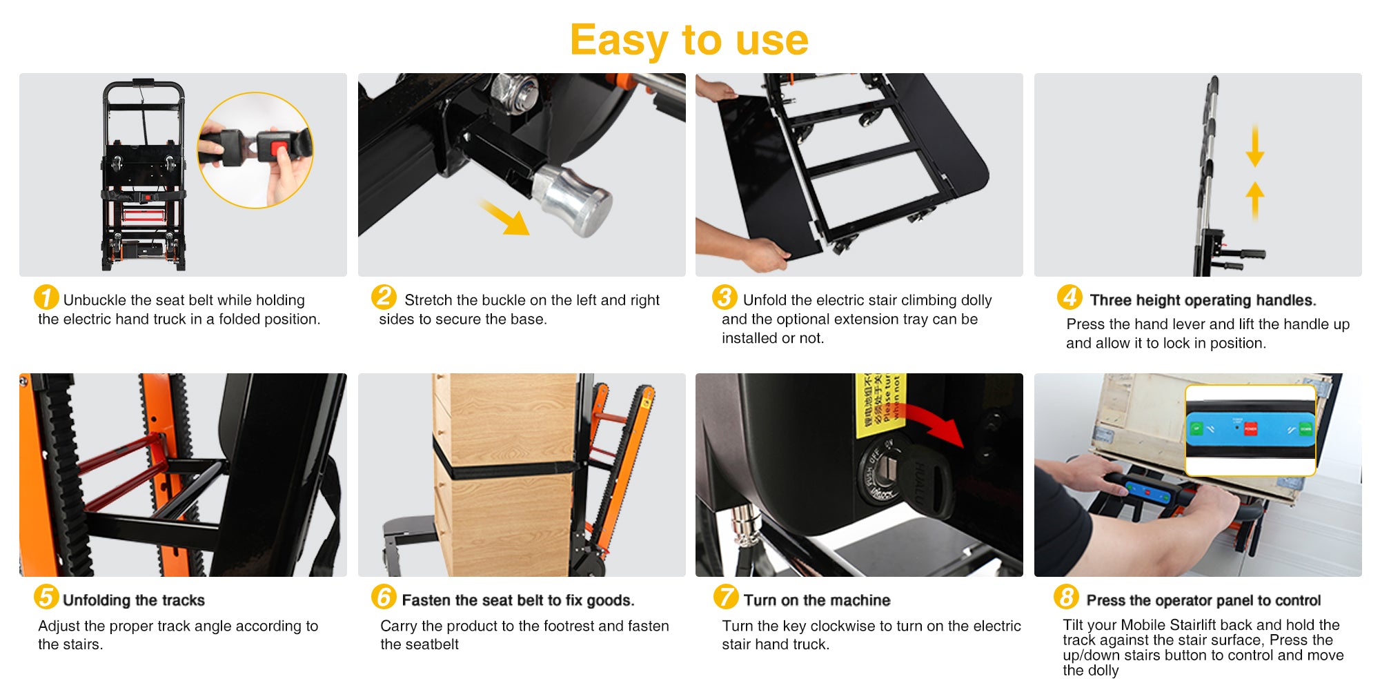 Step-by-step guide for using the electric hand truck: unbuckle, secure the base, unfold the dolly, adjust the handle height, unfold tracks, secure goods with the seat belt, turn on the machine, and operate with the control panel for safe transport.