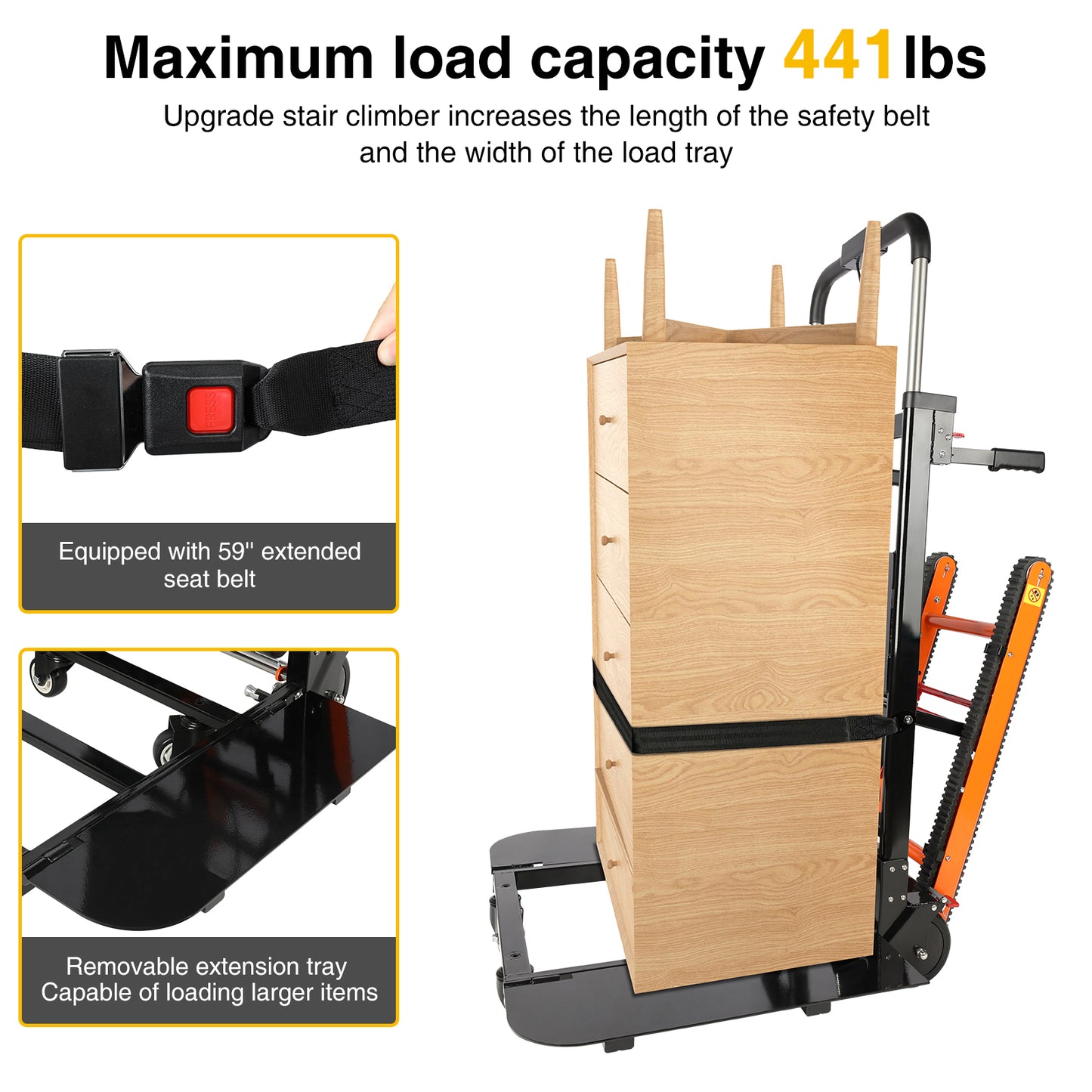 Electric stair climbing hand truck carrying a wooden cabinet, featuring a 59-inch extended safety belt and a removable tray for larger items, supporting a maximum load capacity of 441lbs. Designed for secure and efficient transport.