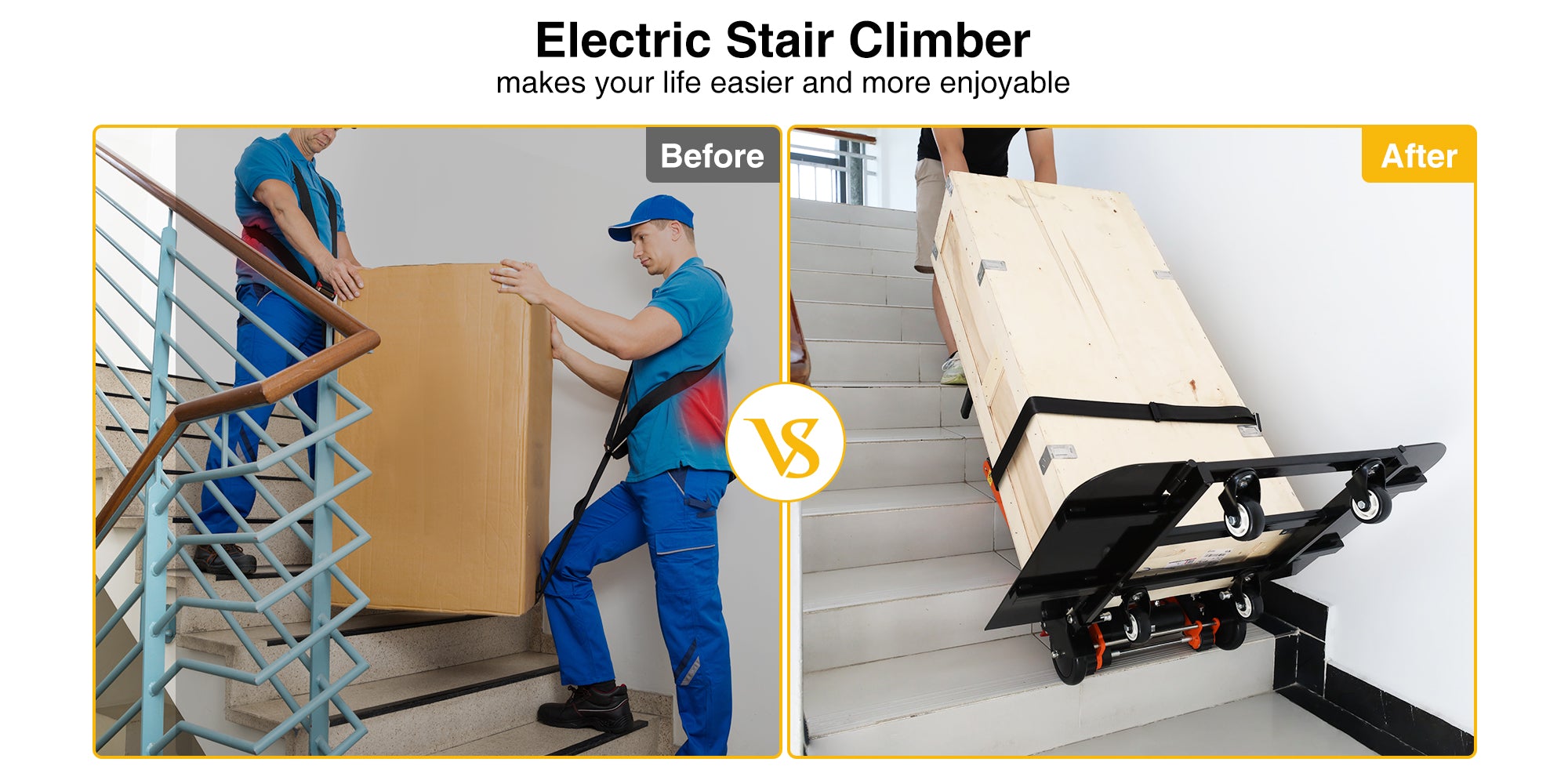 Comparison of manual lifting and an electric stair climber. Left: two people struggling to lift a large box manually. Right: electric hand truck easily transporting a wooden crate upstairs, showcasing safety and efficiency.
