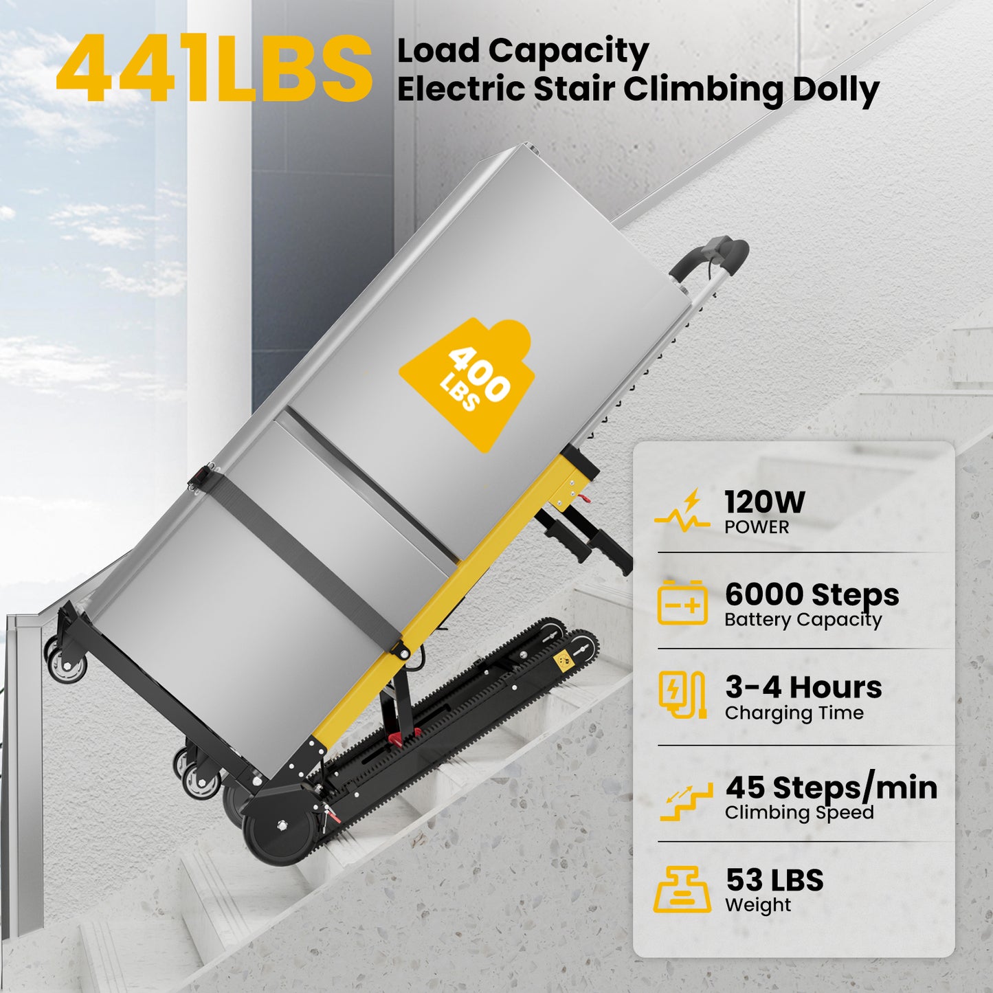 Riosoc Electric Stair Climbing Dolly with 441 lbs load capacity, 120W power, and fast 45 steps per minute climbing speed. This dolly is designed for efficient and effortless heavy-duty transport on stairs, ideal for appliances like refrigerators and TVs.