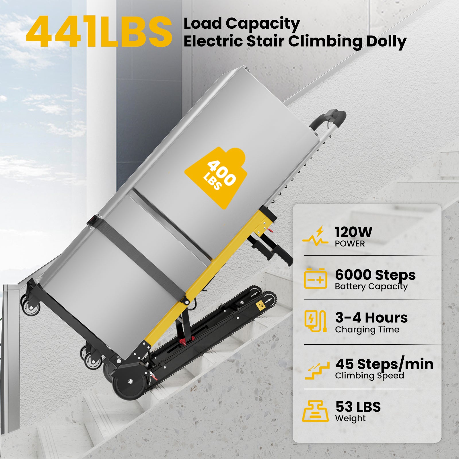 Riosoc Electric Stair Climbing Dolly with 441 lbs load capacity, 120W power, and fast 45 steps per minute climbing speed. This dolly is designed for efficient and effortless heavy-duty transport on stairs, ideal for appliances like refrigerators and TVs.
