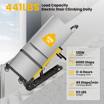 Riosoc Electric Stair Climbing Dolly with 441 lbs load capacity, 120W power, and fast 45 steps per minute climbing speed. This dolly is designed for efficient and effortless heavy-duty transport on stairs, ideal for appliances like refrigerators and TVs.