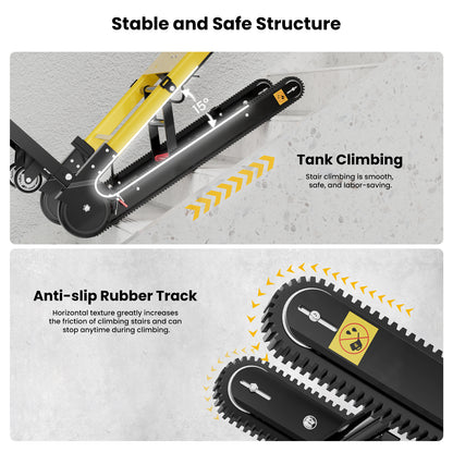 Riosoc Electric Stair Climbing Hand Truck features anti-slip rubber tracks and tank climbing capability. This design ensures safe, stable, and smooth stair climbing, perfect for heavy loads on stairs with up to a 15° incline.