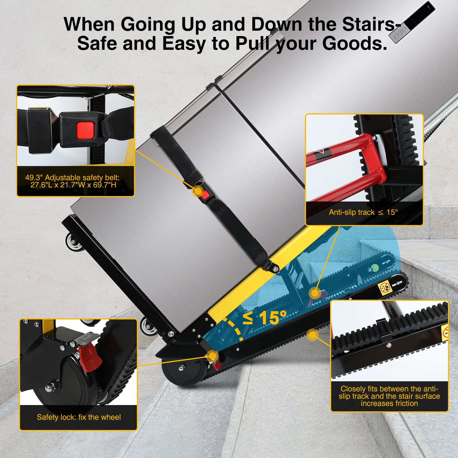 Riosoc Electric Stair Climbing Hand Truck with adjustable anti-slip tracks, safety lock for wheel, and a 49.3" adjustable safety belt. Designed for efficient and safe movement of goods up and down stairs, with track angle ≤ 15° for smooth climbing.