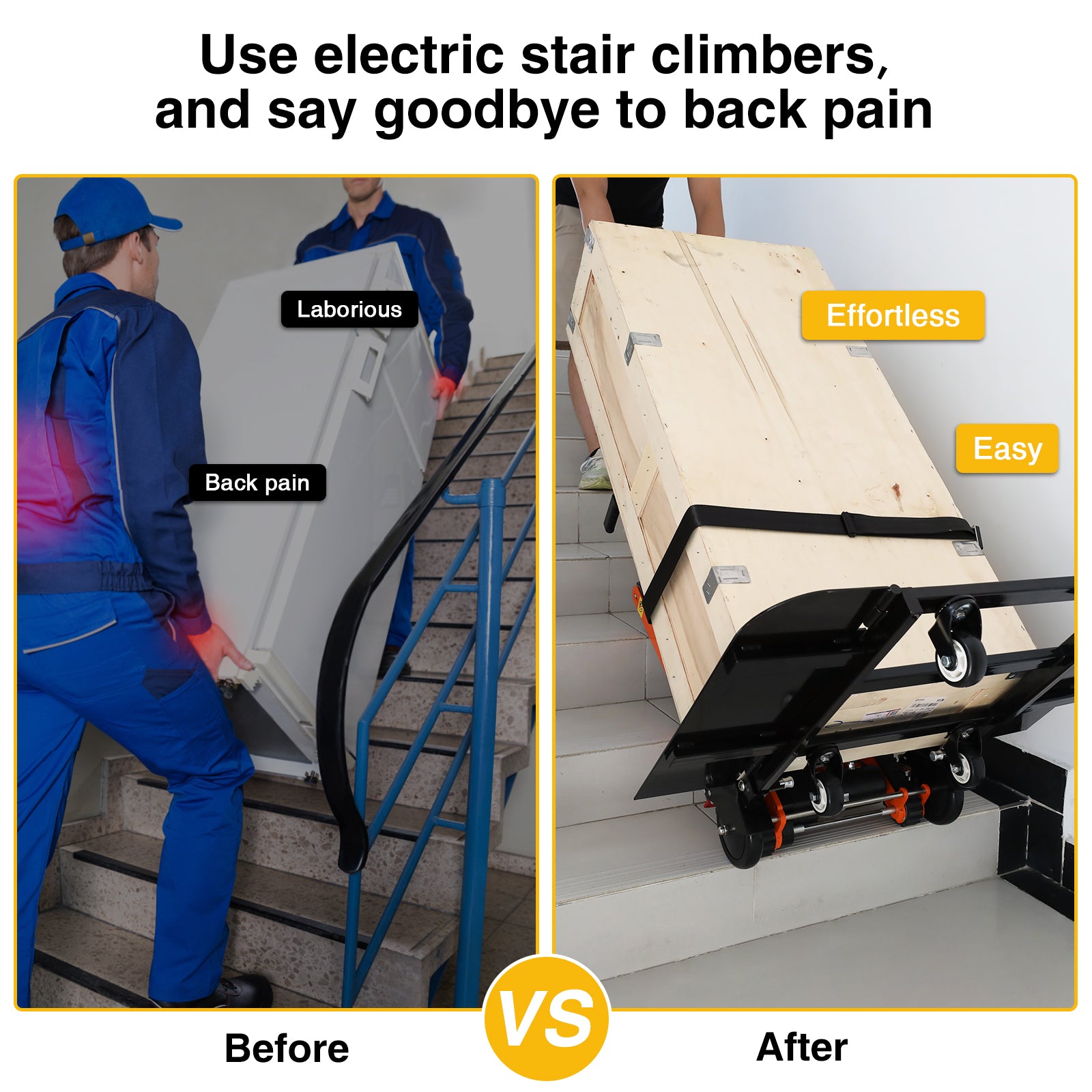 Comparison of manual and electric stair climbing, showcasing a laborious and back-straining manual lift vs. an effortless and easy electric hand truck transporting a large wooden box upstairs safely.