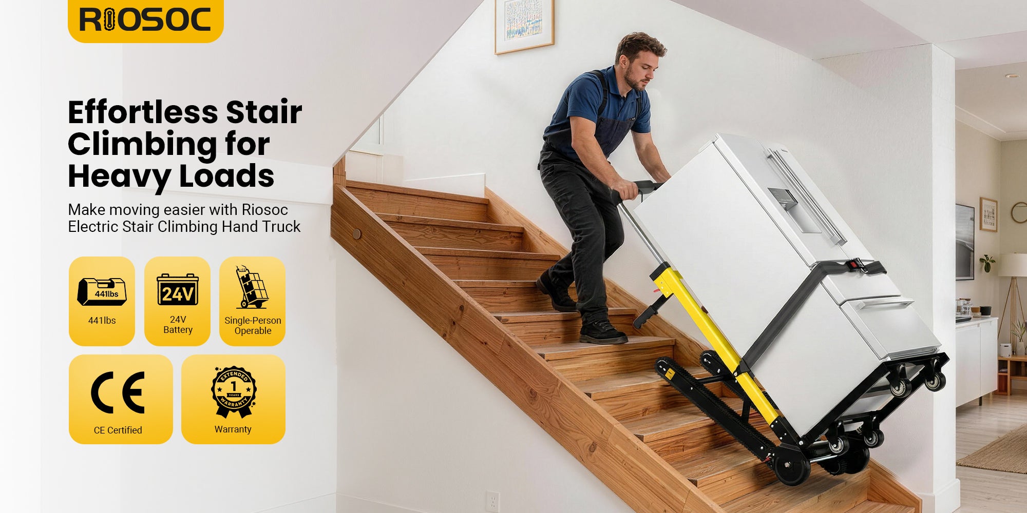 Riosoc Electric Stair Climbing Hand Truck featuring adjustable speeds, electric motor, anti-slip tracks, and LCD control. Ideal for home and office use, safely transporting large items like refrigerators up stairs. CE Certified with a 1-year warranty.