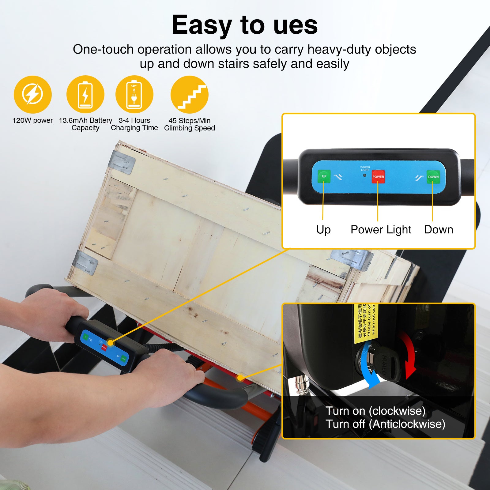 Close-up of an electric hand truck's control panel with up, down, and power buttons, demonstrating its user-friendly design for transporting heavy objects up stairs safely and efficiently.