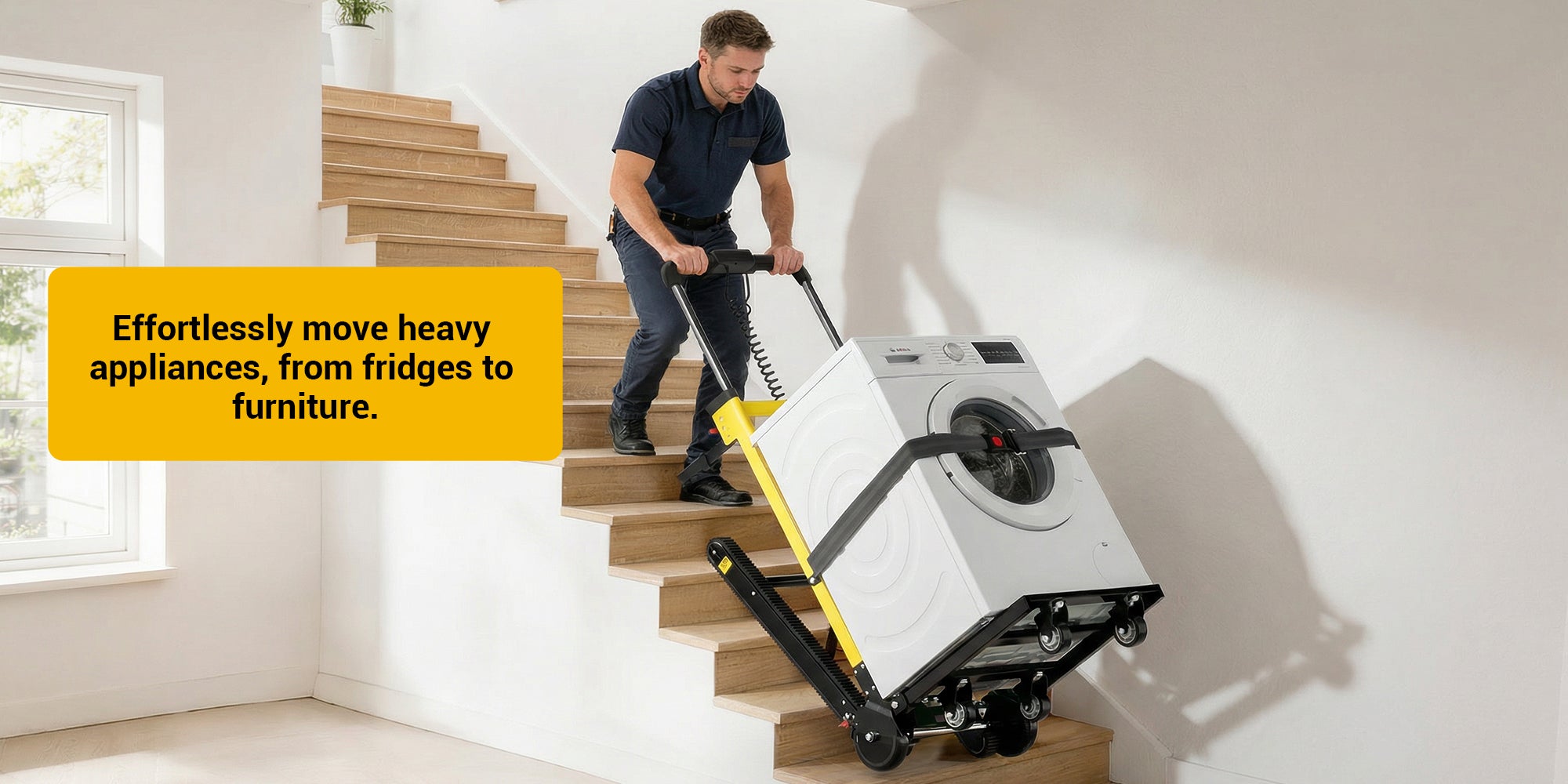 Riosoc Electric Stair Climbing Hand Truck carrying a washing machine up stairs with ease. Featuring 441 lbs load capacity and anti-slip tracks, it ensures safe and smooth operation on stairs.