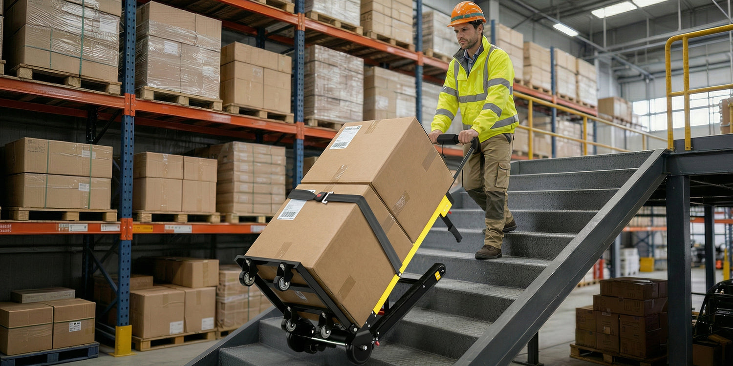 Riosoc Electric Stair Climbing Hand Truck effortlessly moves heavy items like boxes, fridges, and furniture up warehouse stairs. Features a secure load strap for safe transport, perfect for industrial use and stair climbing.