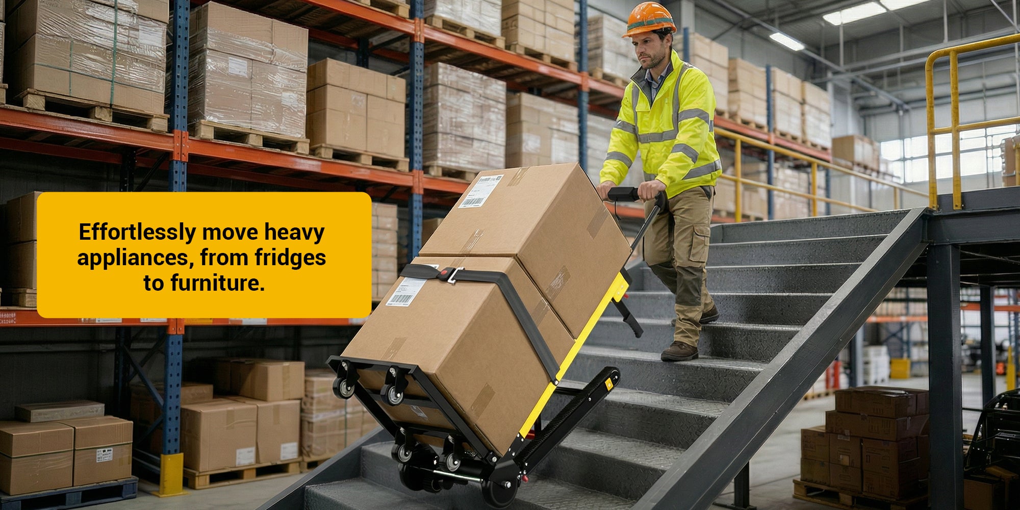 Riosoc Electric Stair Climbing Hand Truck moving large boxes up warehouse stairs. Built for heavy-duty use with a 441 lbs load capacity and easy maneuvering, even on metal staircases.