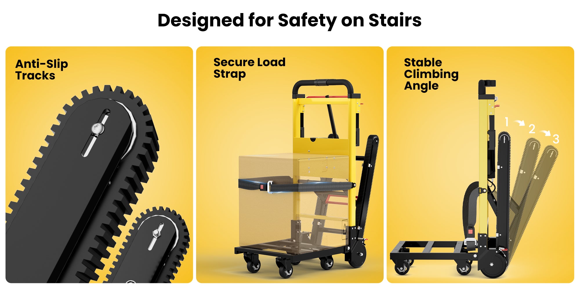 Riosoc Electric Stair Climbing Hand Truck designed with anti-slip tracks, secure load strap, and stable climbing angle for safe and smooth transport of heavy items up stairs. Features adjustable climbing angles for added stability.