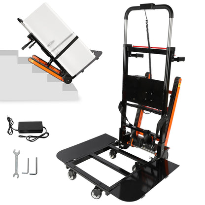 Electric stair climbing hand truck carrying a refrigerator on stairs, featuring a removable extension tray, durable crawler system, and included tools for assembly, suitable for heavy-duty material transport.