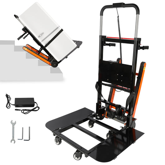 Electric stair climbing hand truck carrying a refrigerator on stairs, featuring a removable extension tray, durable crawler system, and included tools for assembly, suitable for heavy-duty material transport.
