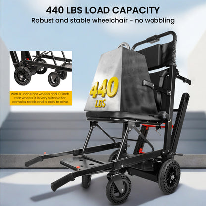 Riosoc YHR-LDO1 Electric Stair Climbing Chair with 440 lbs load capacity, featuring 8-inch front wheels and 10-inch rear wheels for easy maneuvering on complex roads and stairs.