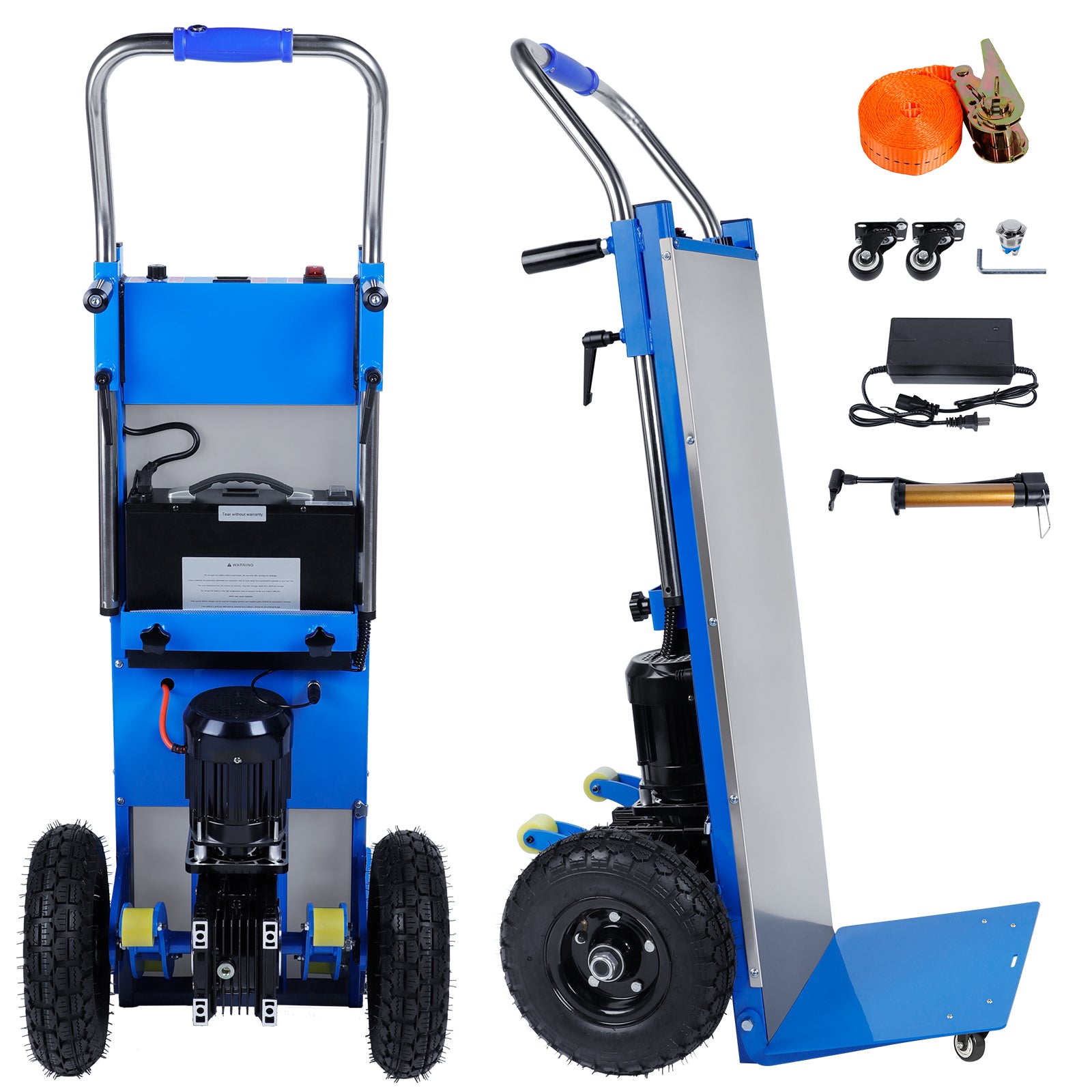 Riosoc electric stair climbing dolly with front and side views, showing motor, battery, and included accessories like straps, charger, wrench, and caster wheels for versatile usage.