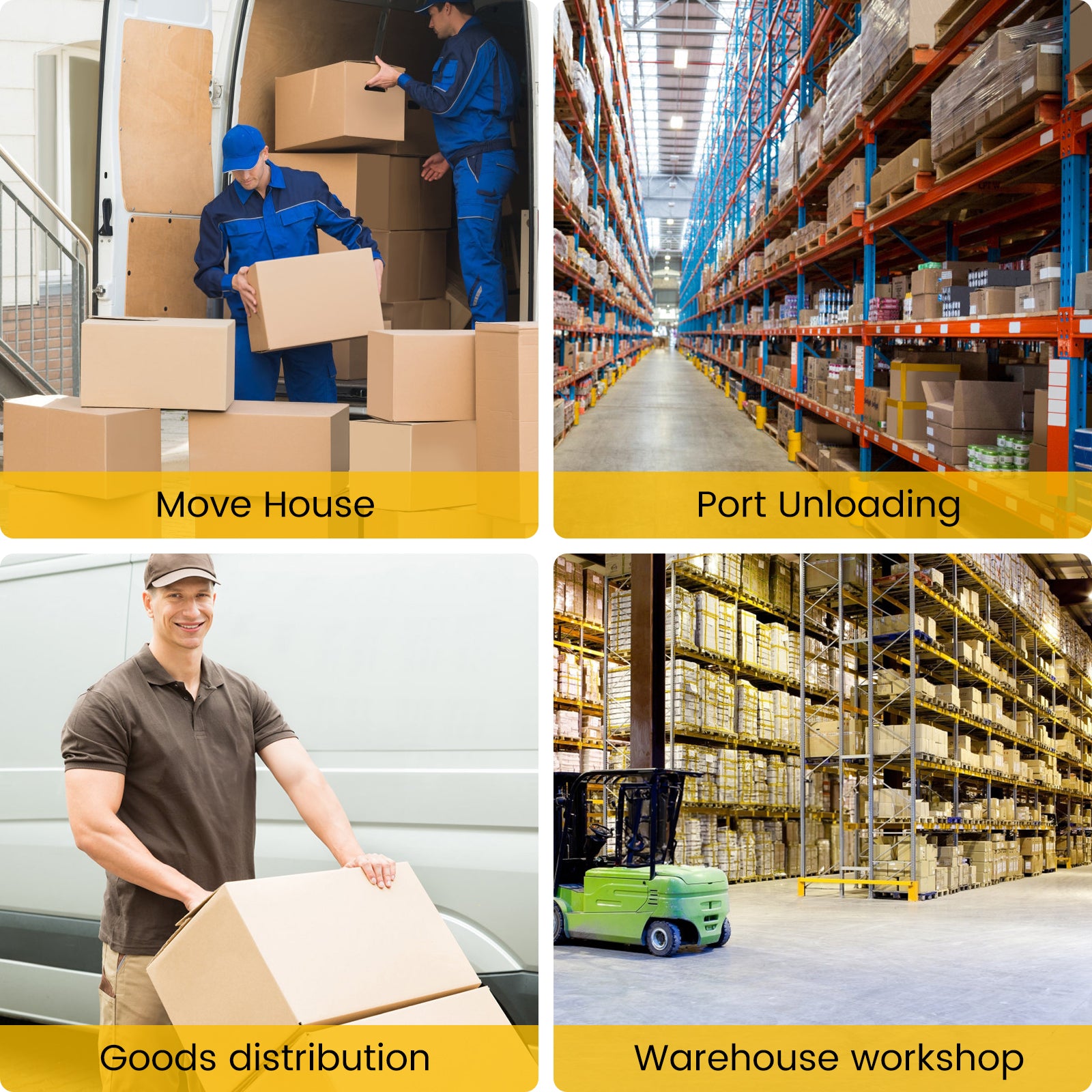 Stair climber applications: moving house, port unloading, goods distribution, and warehouse workshop operations for heavy-duty logistics and material handling.