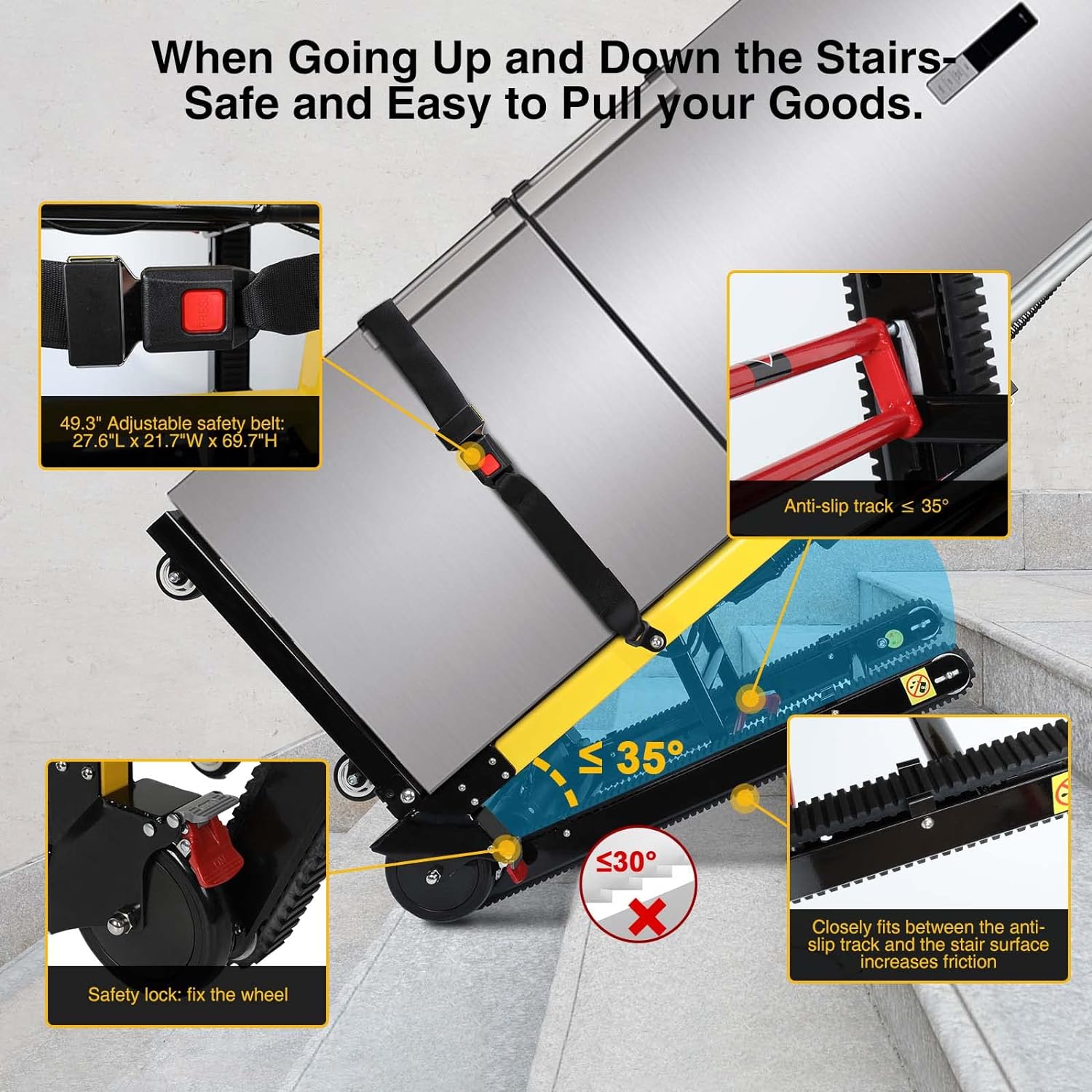 Electric stair climber with a 49.3'' adjustable safety belt, anti-slip track ≤35°, safety lock, and friction-enhancing design for secure stair transport.