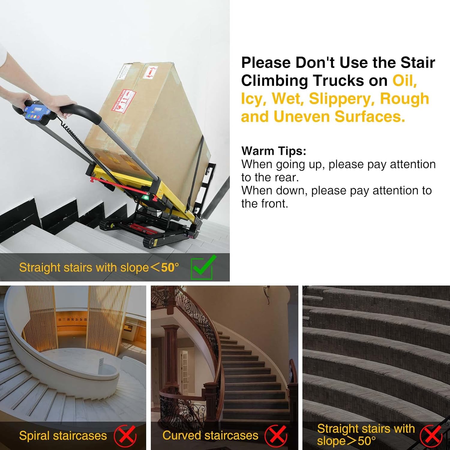 Guidelines for using an electric stair climber: suitable for straight stairs with slope <50°, avoid spiral, curved, or steep stairs, and uneven surfaces.