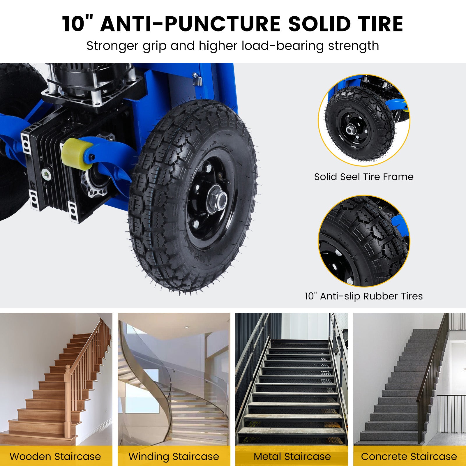 Electric stair climbing dolly with 10-inch anti-puncture solid tires and steel frame, suitable for wooden, winding, metal, and concrete staircases.