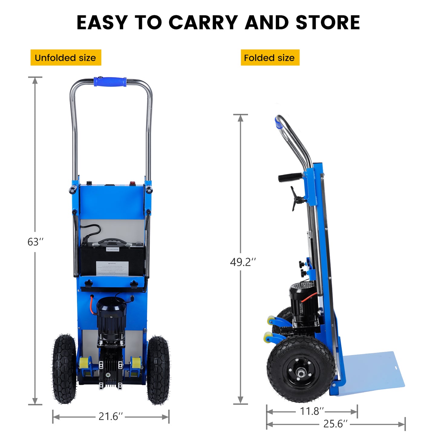 Dimensions of the electric stair climbing dolly, showing unfolded size (63'' height, 21.6'' width) and folded size (49.2'' height, 25.6'' width, 11.8'' depth) for easy carrying and storage.