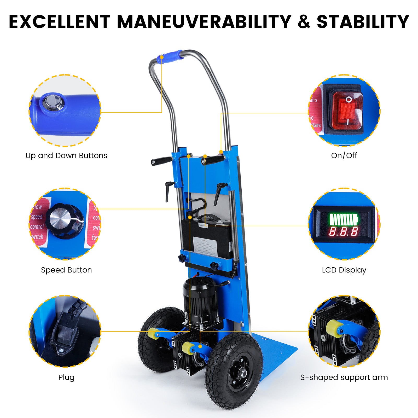 Electric stair climbing dolly highlighting features: up/down buttons, speed control, on/off switch, LCD display, plug, and S-shaped support arm for enhanced stability and maneuverability.