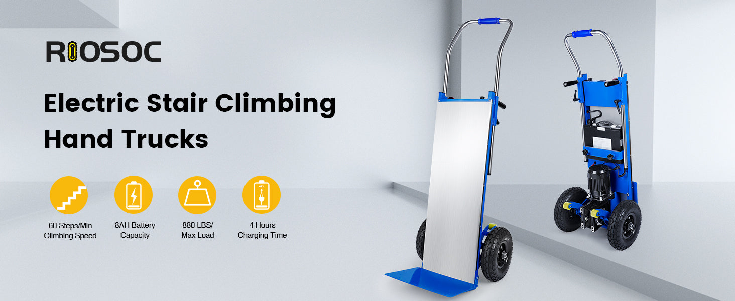 Riosoc electric stair climbing hand trucks with features including 60 steps/min climbing speed, 8AH battery capacity, 880 lbs max load, and 4-hour charging time