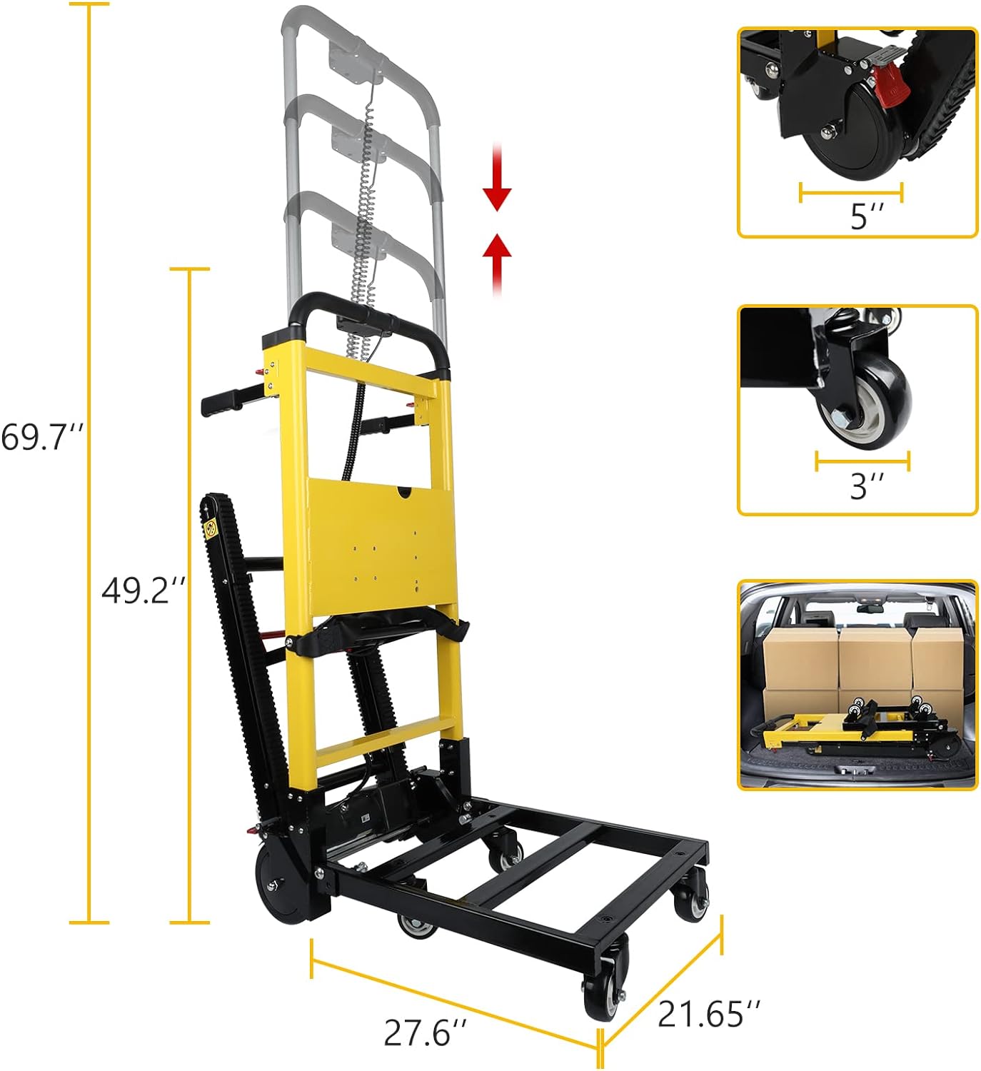 Dimensions of the electric stair climber: height adjustable from 49.2'' to 69.7'', 27.6'' length, 21.65'' width, with 5'' and 3'' wheels for mobility.