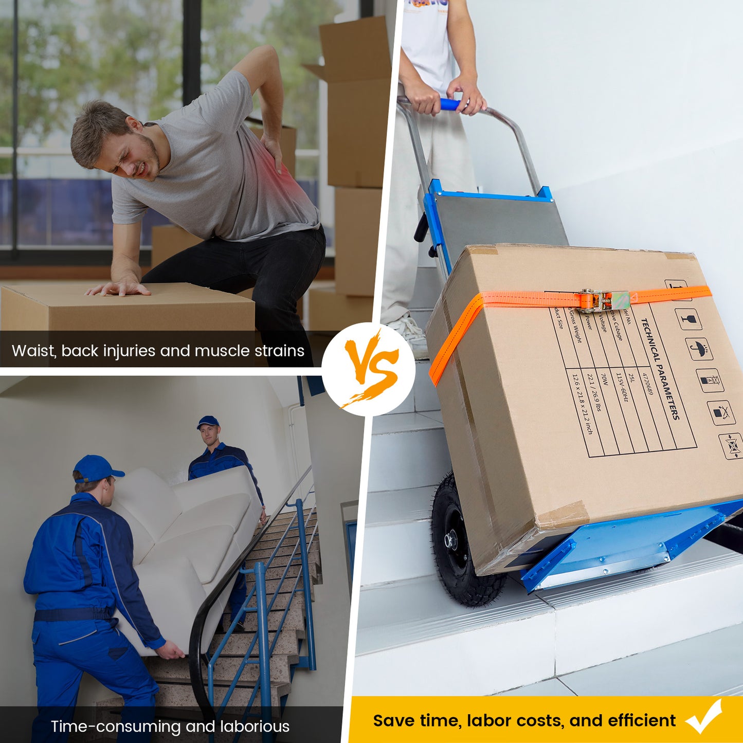 Comparison between manual lifting causing back strain and using an electric stair climbing dolly to save time, reduce labor costs, and improve efficiency.