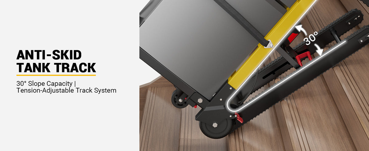 Riosoc 485 lb electric stair climbing dolly with anti-skid tank tracks, adjustable track tension, and up to 30-degree slope capability for stable stair transport.