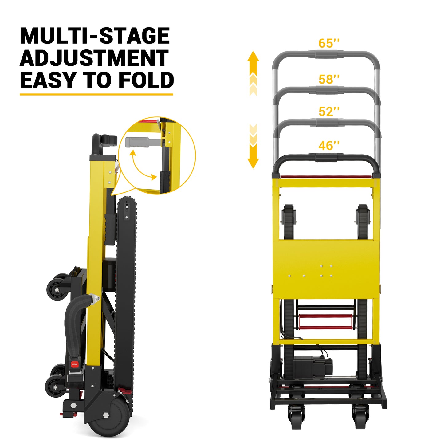 Riosoc 485 lb electric stair climbing dolly with four adjustable handle heights from 46 to 65 inches and a foldable design for easier storage and transport.