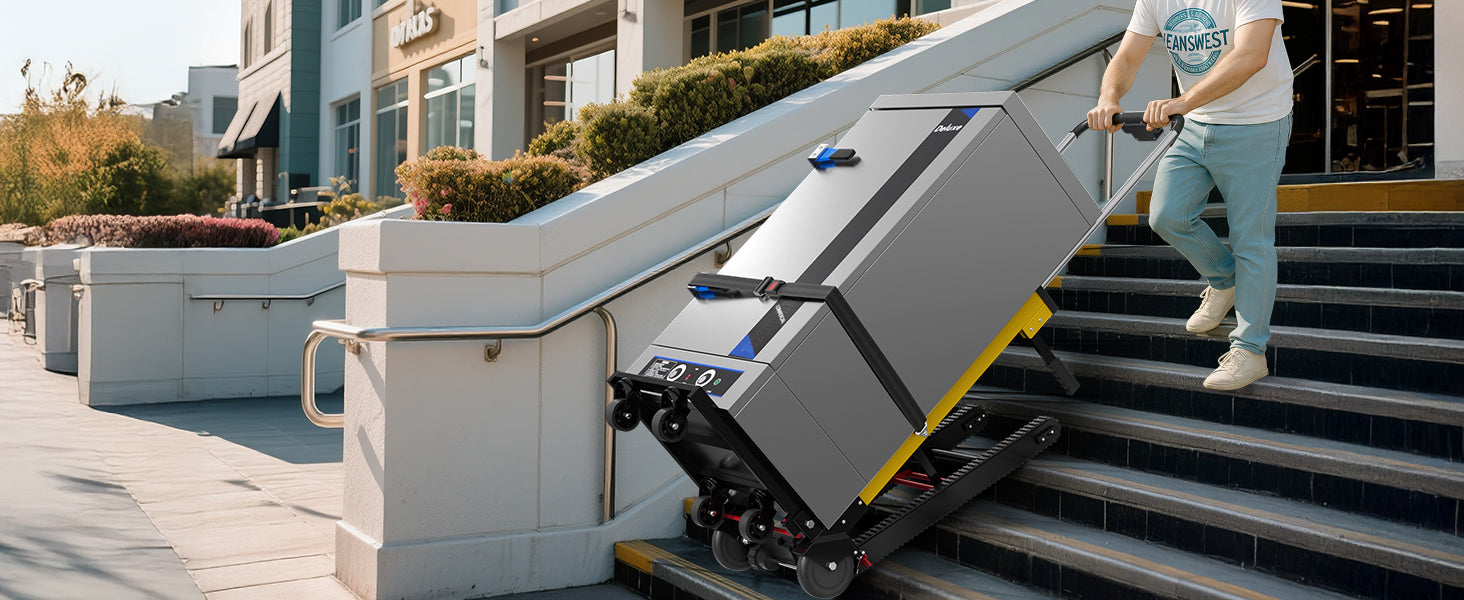 Riosoc 485 lb electric stair climbing dolly transporting heavy equipment on outdoor commercial stairs, ideal for retail, delivery, logistics, and professional moving.