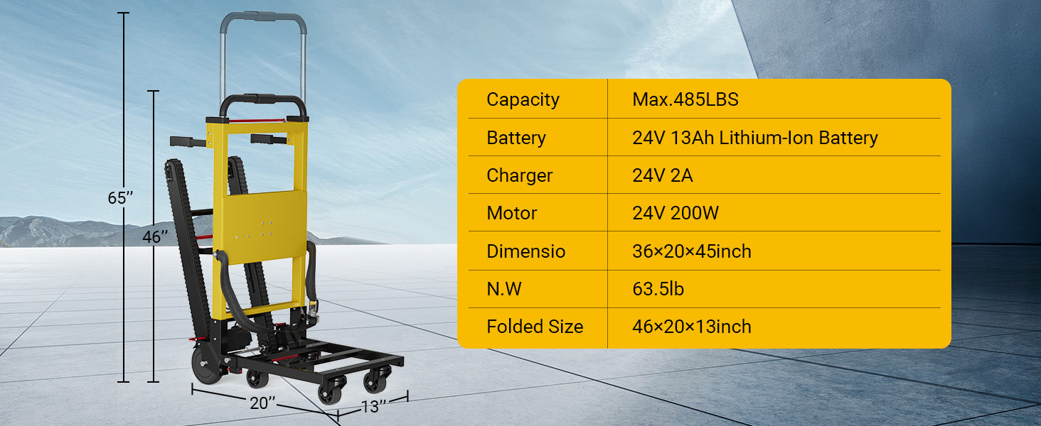 Riosoc 485 lb electric stair climbing dolly dimensions and specifications, including 24V 13Ah lithium battery, 200W motor, adjustable handle height, and foldable design.