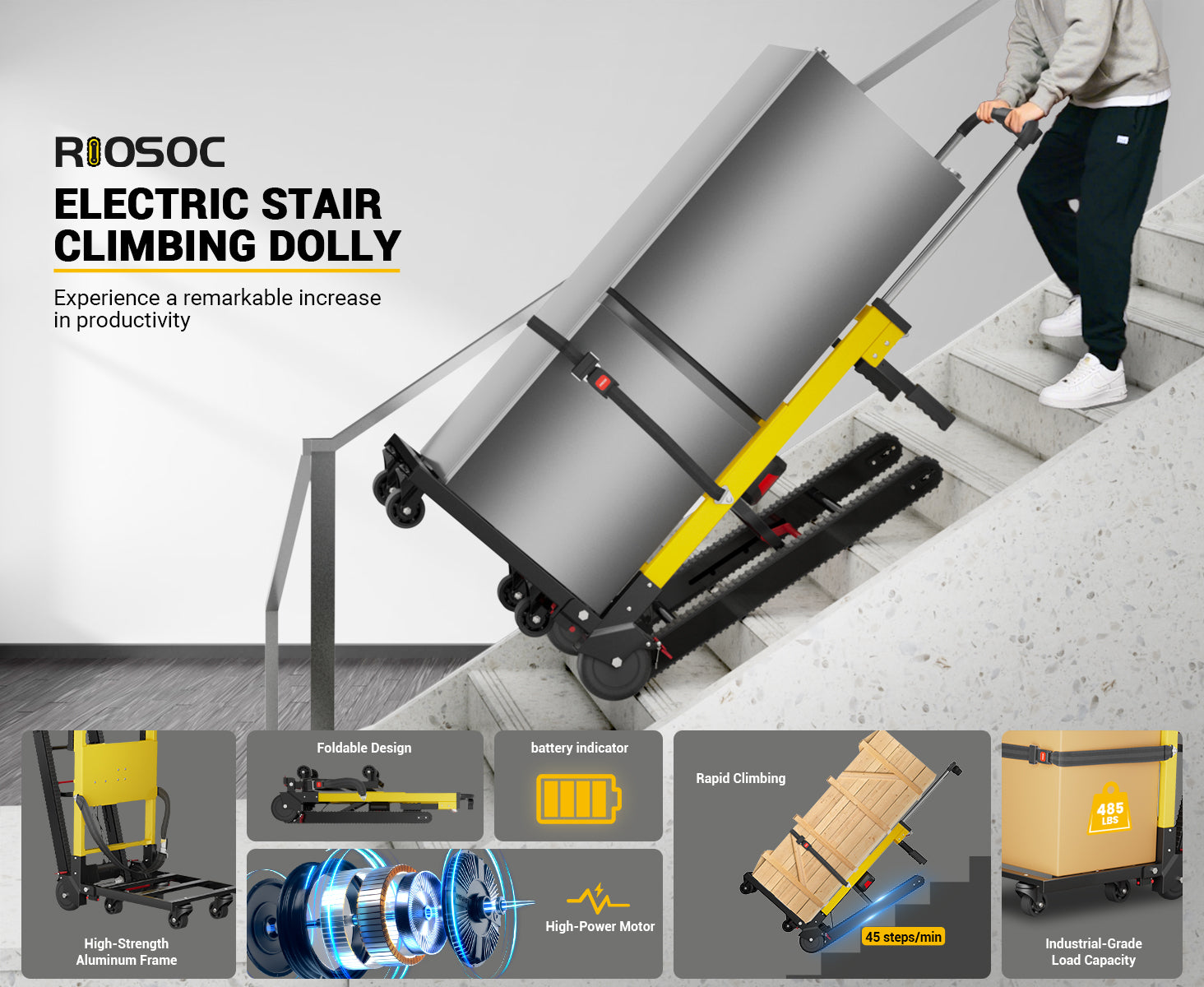 Riosoc 485 lb electric stair climbing dolly showing foldable design, battery indicator, aluminum frame, high-power motor, 45 steps per minute climbing speed, and heavy-duty load capacity.
