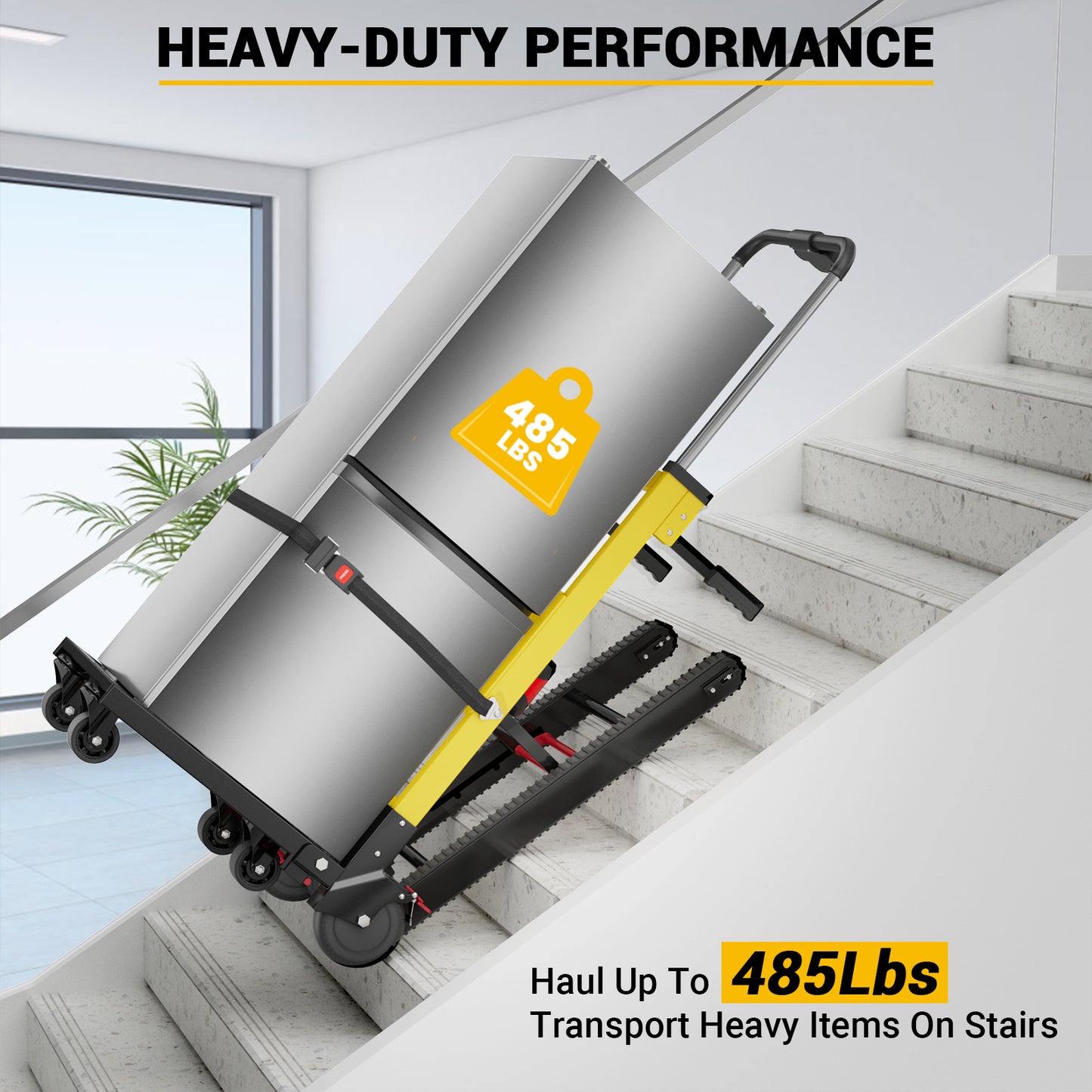 Riosoc 485 lb electric stair climbing dolly transporting a refrigerator up stairs with powered tracks and safety strap for heavy-duty moving.