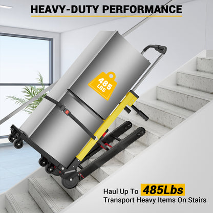 Riosoc 485 lb electric stair climbing dolly transporting a refrigerator up stairs with powered tracks and safety strap for heavy-duty moving.