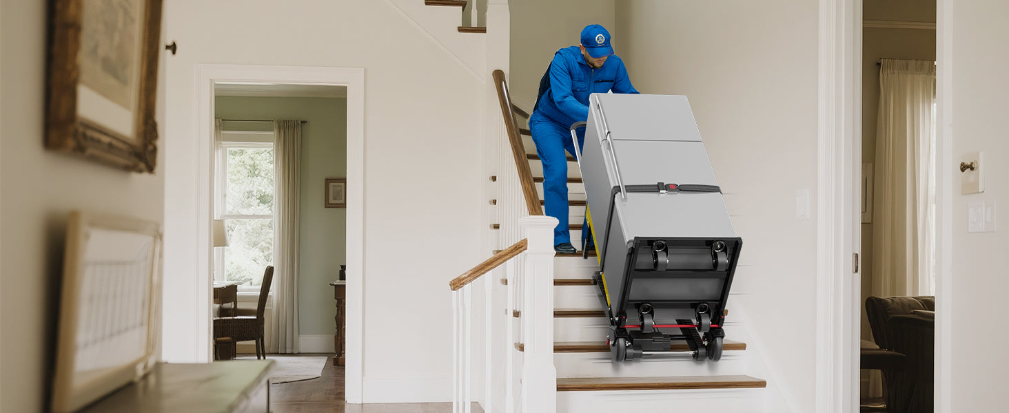Riosoc 485 lb electric stair climbing dolly moving a large appliance on indoor stairs, designed for safer heavy-duty transport in homes, deliveries, and moving jobs.
