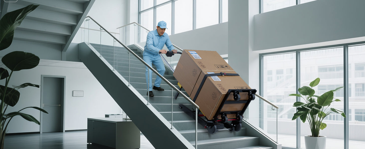 Riosoc 485 lb electric stair climbing dolly transporting large boxes on indoor stairs, ideal for offices, facilities, logistics, delivery, and commercial moving.