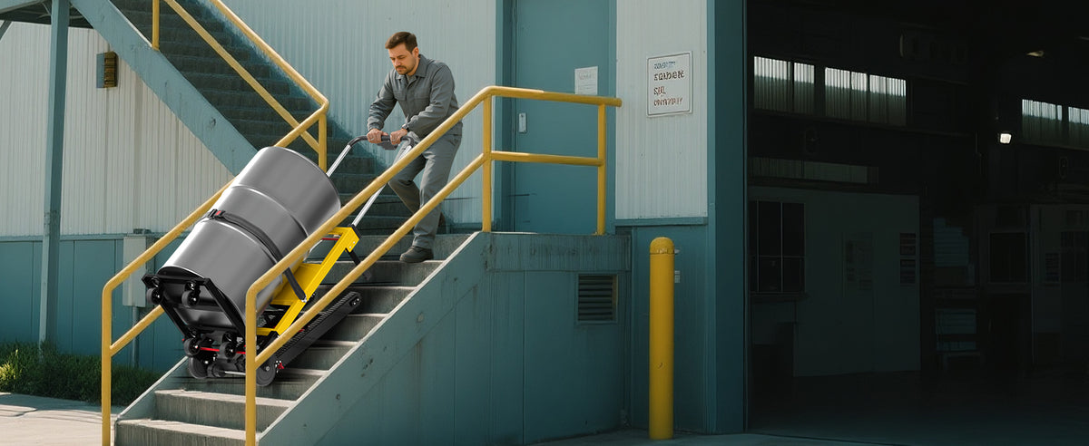 Riosoc 485 lb electric stair climbing dolly transporting heavy equipment on warehouse stairs, ideal for logistics, industrial facilities, deliveries, and commercial moving.