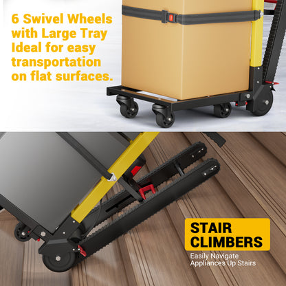 Riosoc 485 lb electric stair climbing dolly with six swivel wheels for flat surfaces and powered anti-slip tracks for moving heavy appliances on stairs.