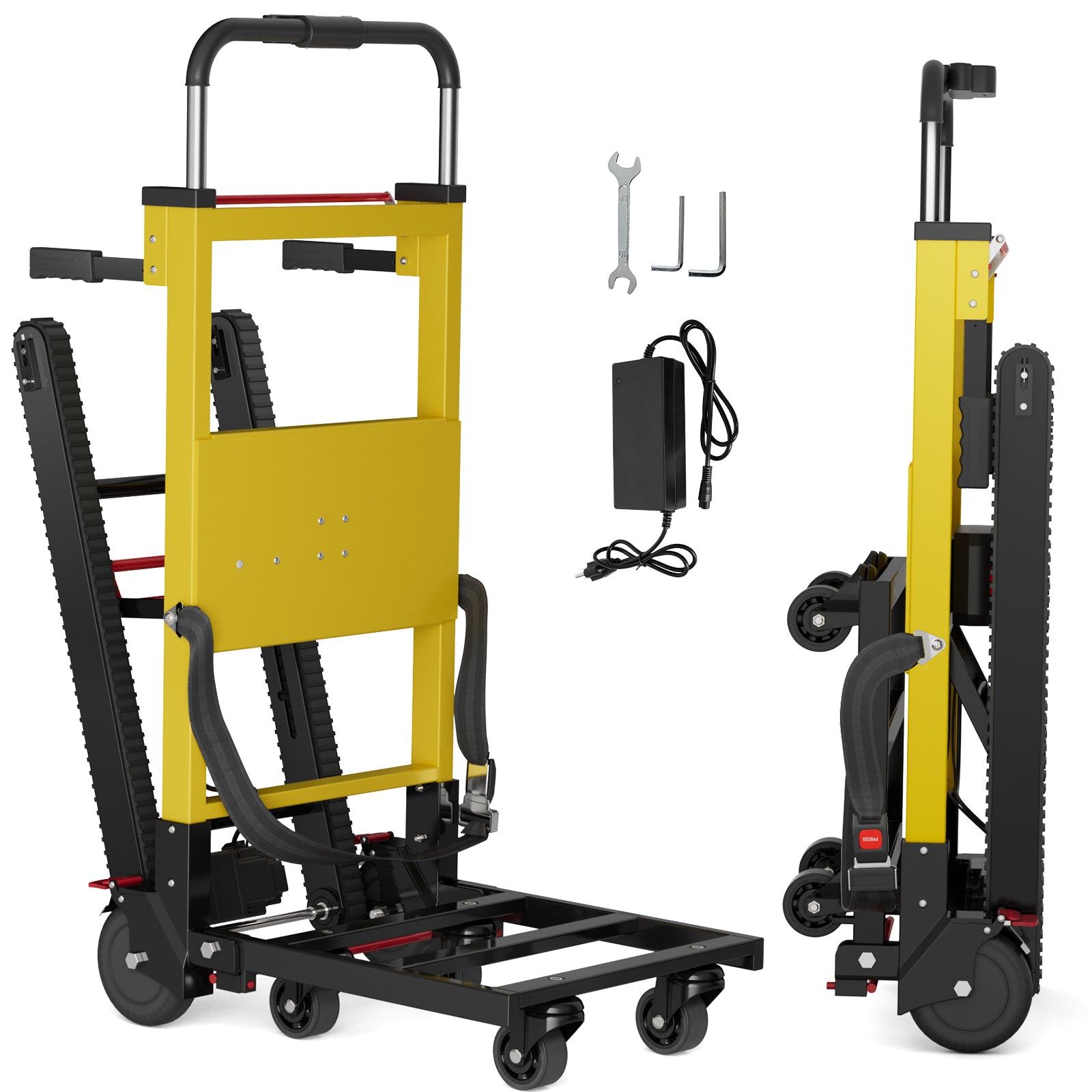 Riosoc 485 lb electric stair climbing dolly with 200W motor, powered tracks, 6 wheels, safety strap, battery charger and included tools.