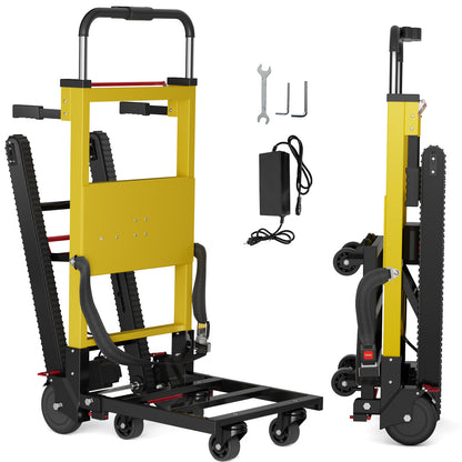 Riosoc 485 lb electric stair climbing dolly with 200W motor, powered tracks, 6 wheels, safety strap, battery charger and included tools.
