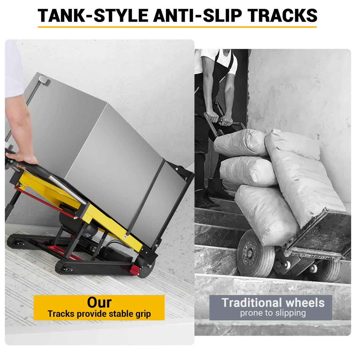 Riosoc 485 lb electric stair climbing dolly with tank-style anti-slip tracks providing stable grip on stairs compared with traditional wheeled hand trucks.
