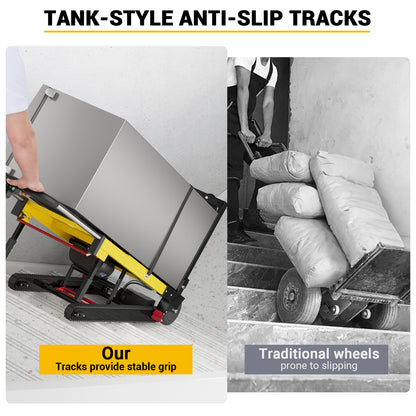 Riosoc 485 lb electric stair climbing dolly with tank-style anti-slip tracks providing stable grip on stairs compared with traditional wheeled hand trucks.